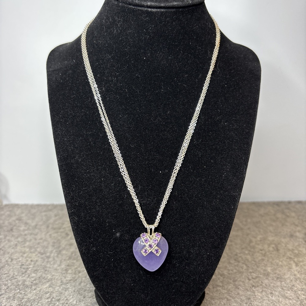 Amethyst Heart Pendant Necklace 925 Sterling Silver Purple Gemstone Ribbon 18"